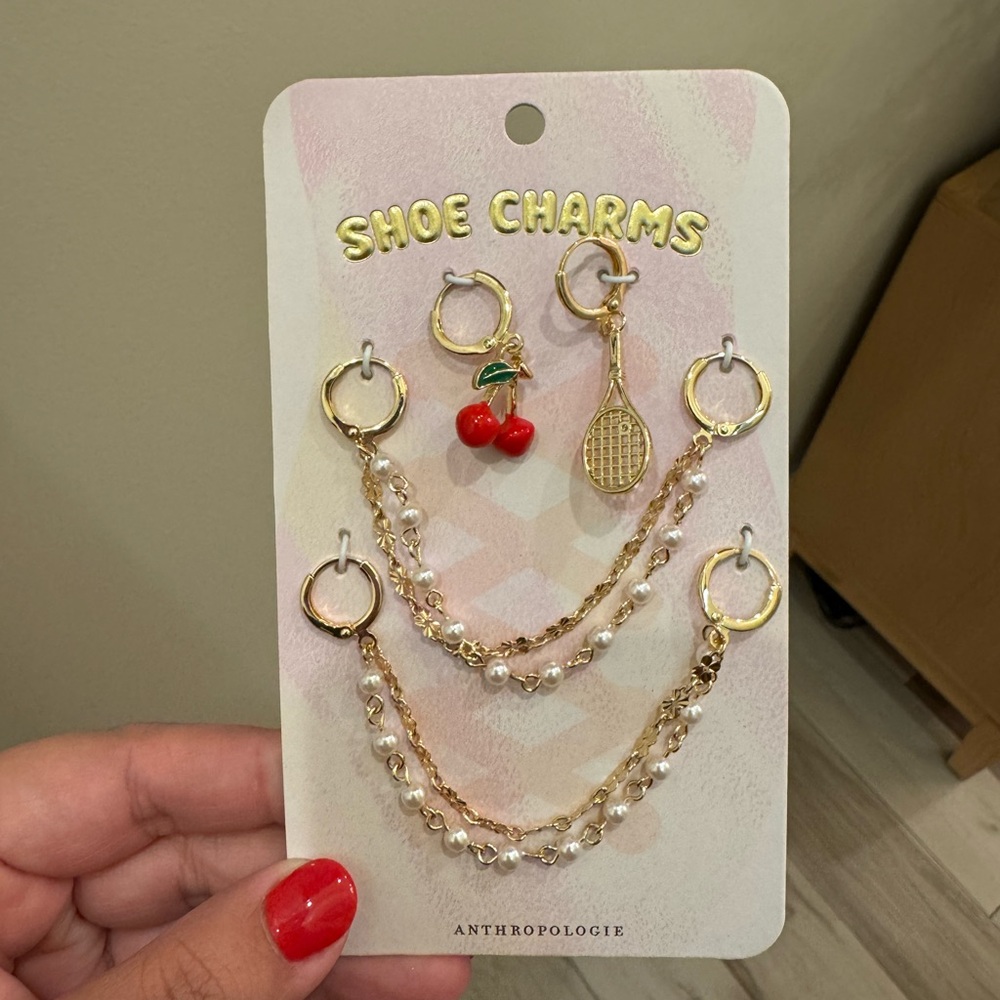 Anthropologie Pearl Shoe Charms with Gold Tennis Racket and Red Cherry